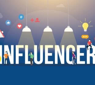 influencer big words text with team people and social media icon with modern flat style - vector