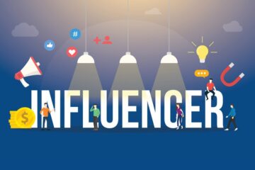 influencer big words text with team people and social media icon with modern flat style - vector